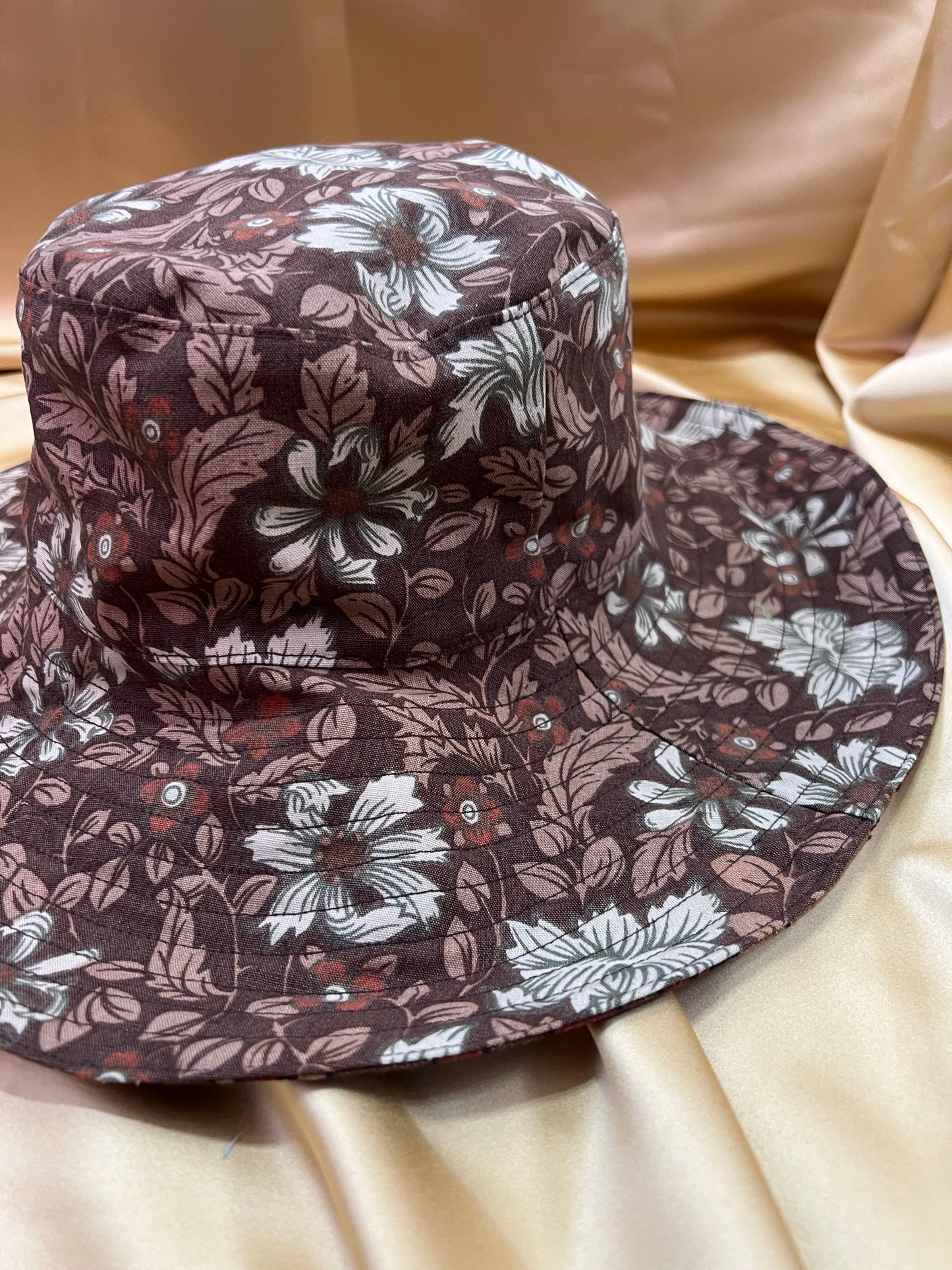 Brown Floral Reversible Wide Brim Hat made with Vintage William Morris Fabrics