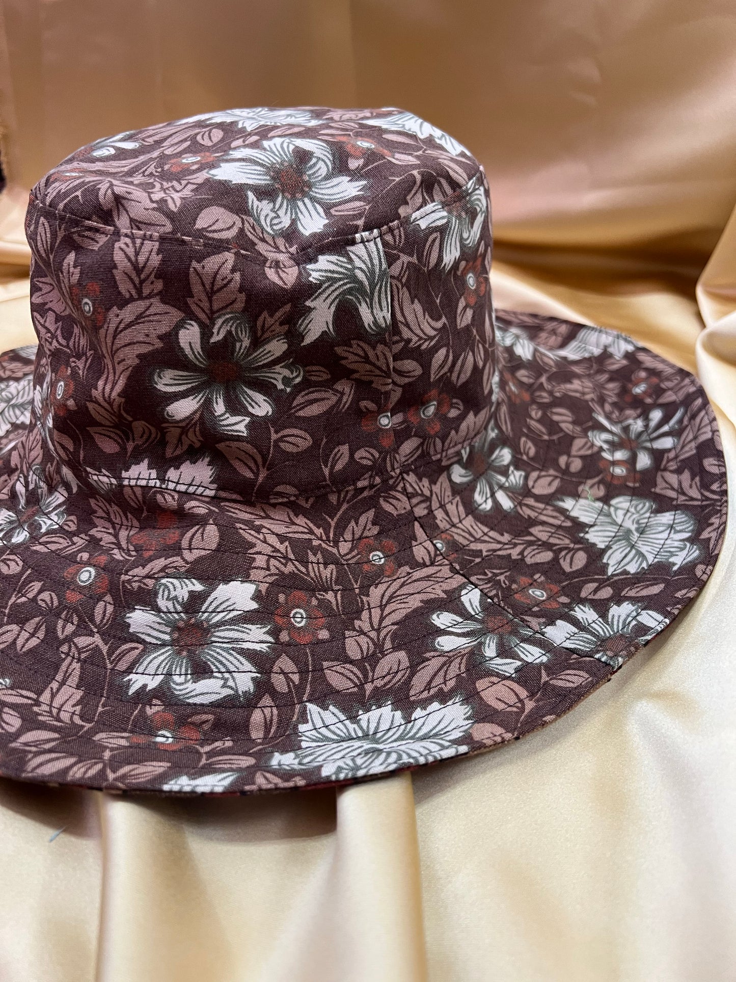 Brown Floral Reversible Wide Brim Hat made with Vintage William Morris Fabrics