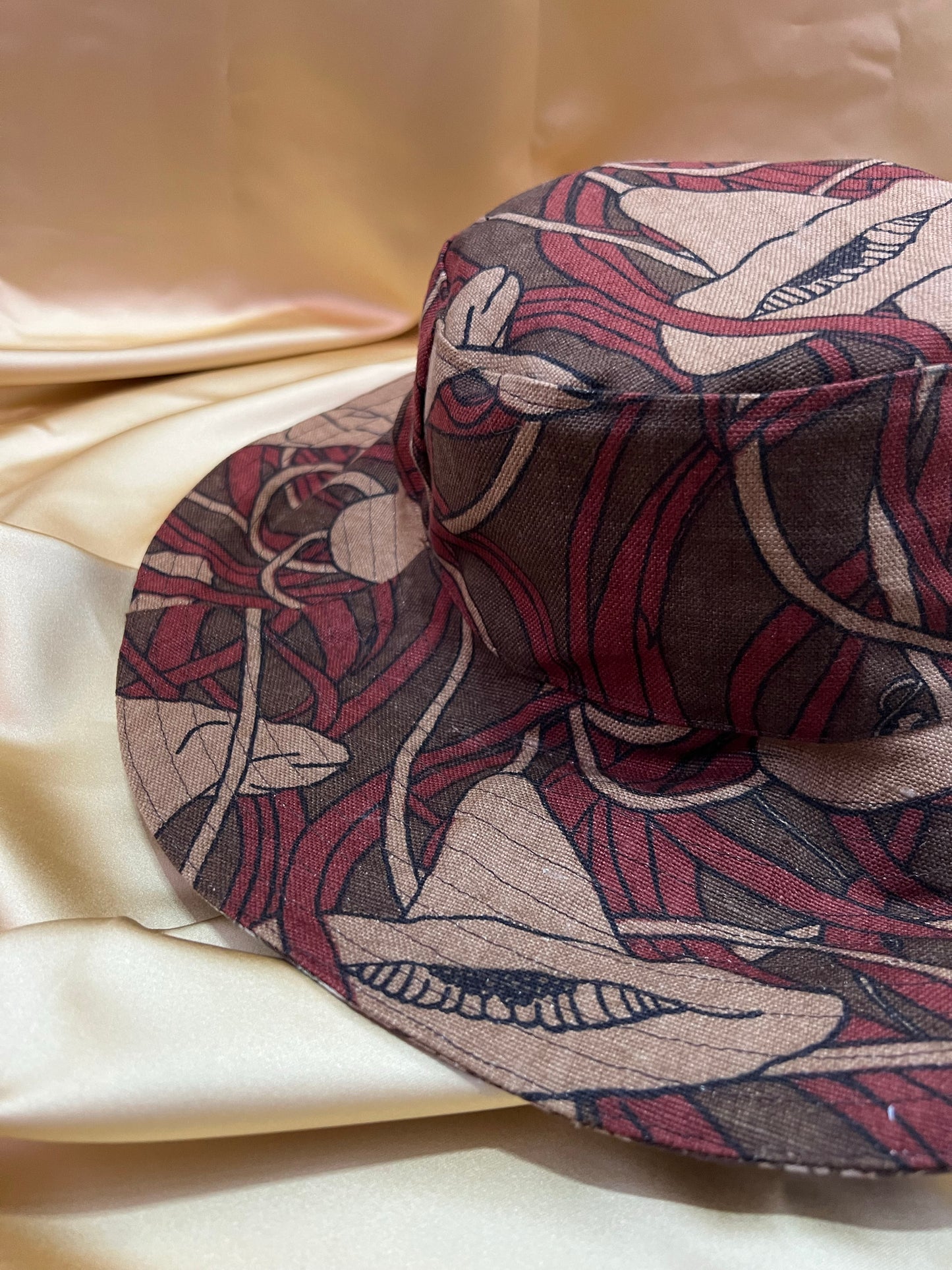 Brown Floral Reversible Wide Brim Hat made with Vintage William Morris Fabrics