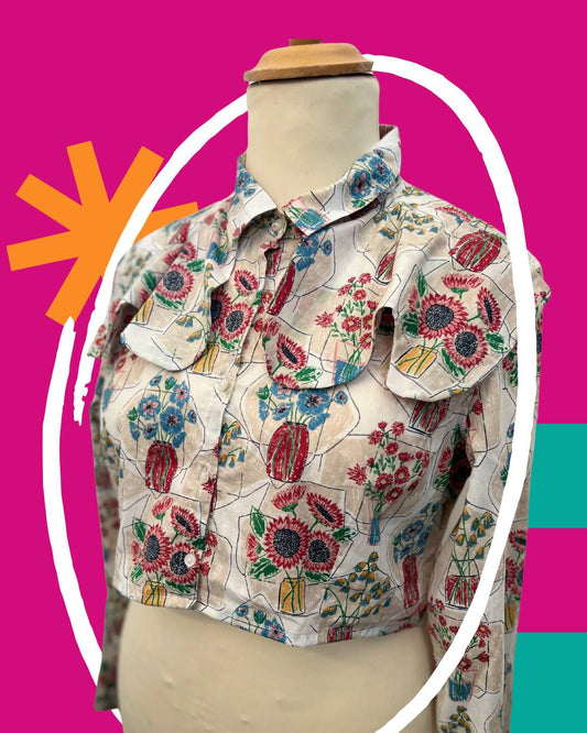 Flower Pot Reworked Cotton Blouse - M