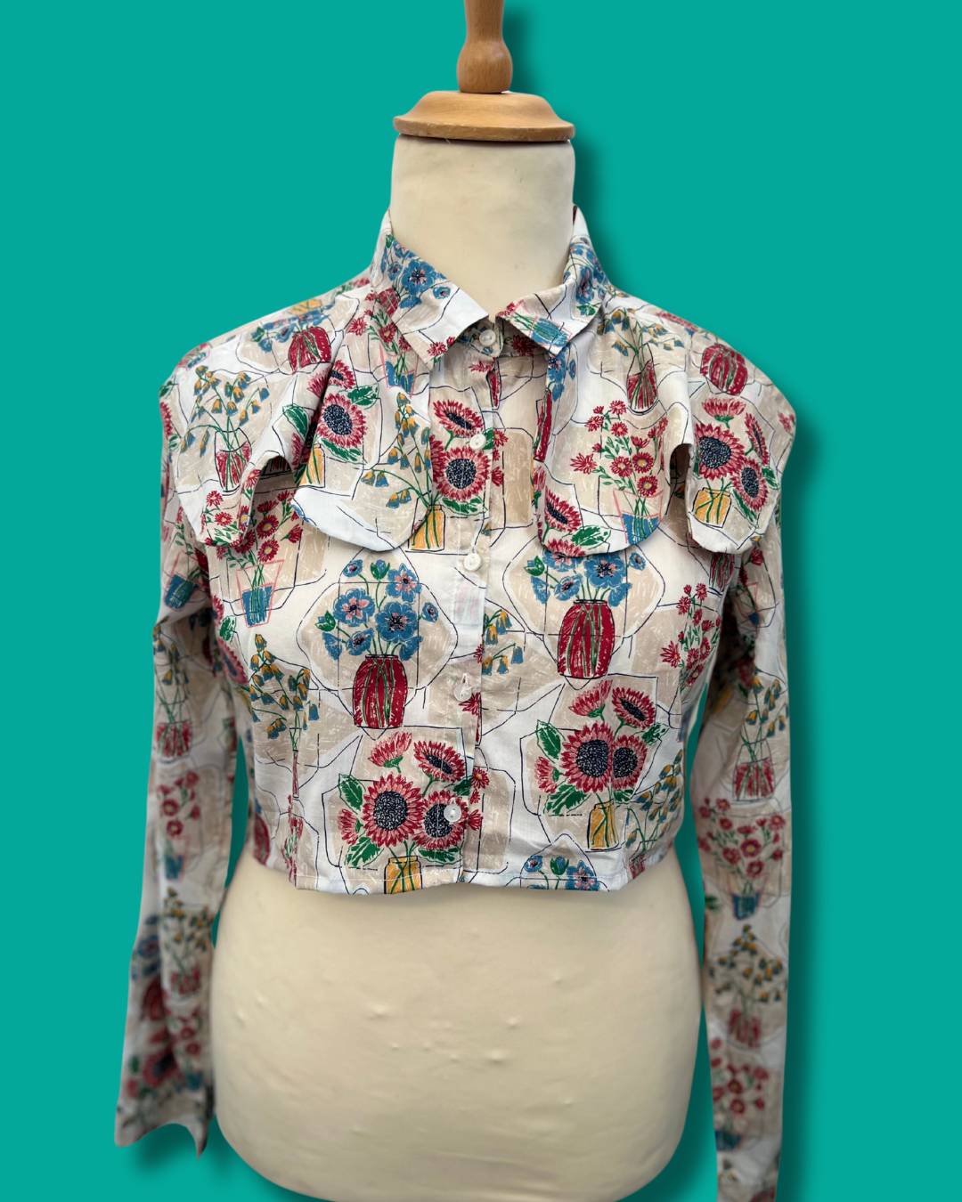 Flower Pot Reworked Cotton Blouse - M