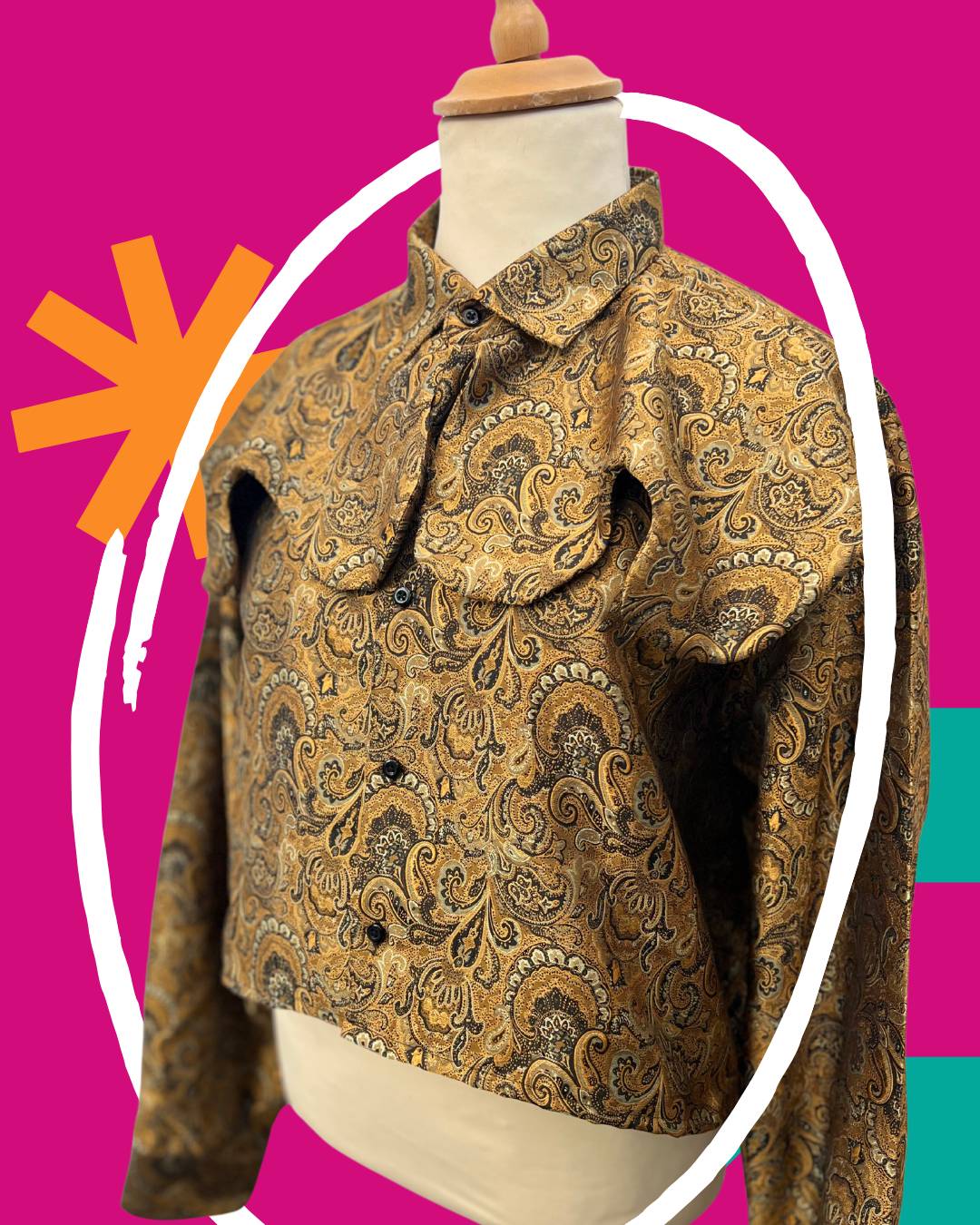 Gold Jacquard Paisley Reworked Wave Collar Blouse - XXL