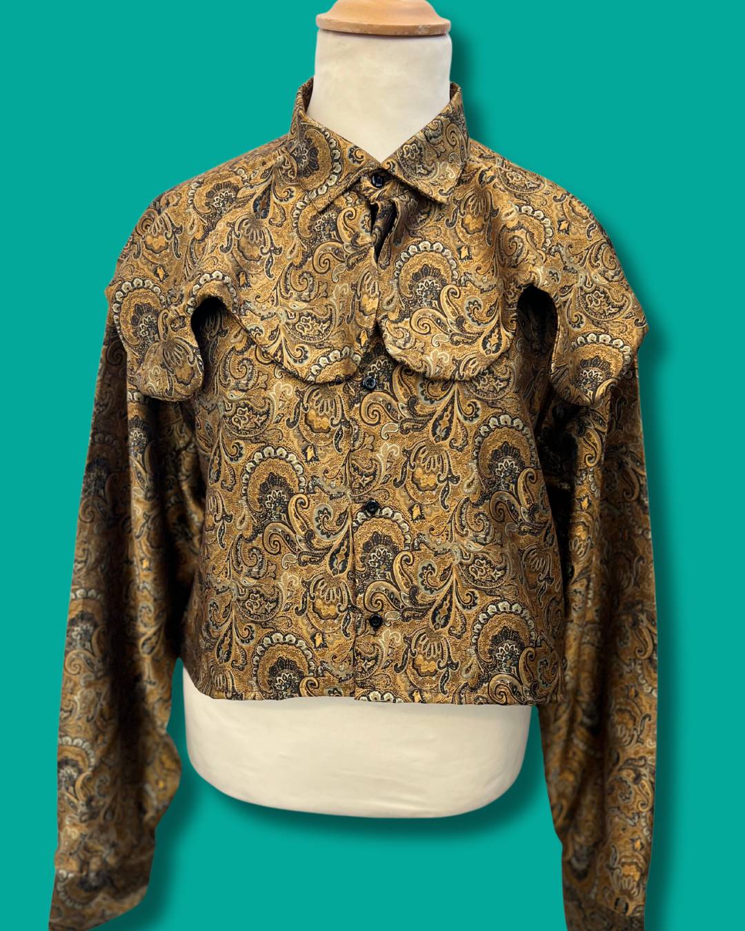 Gold Jacquard Paisley Reworked Wave Collar Blouse - XXL