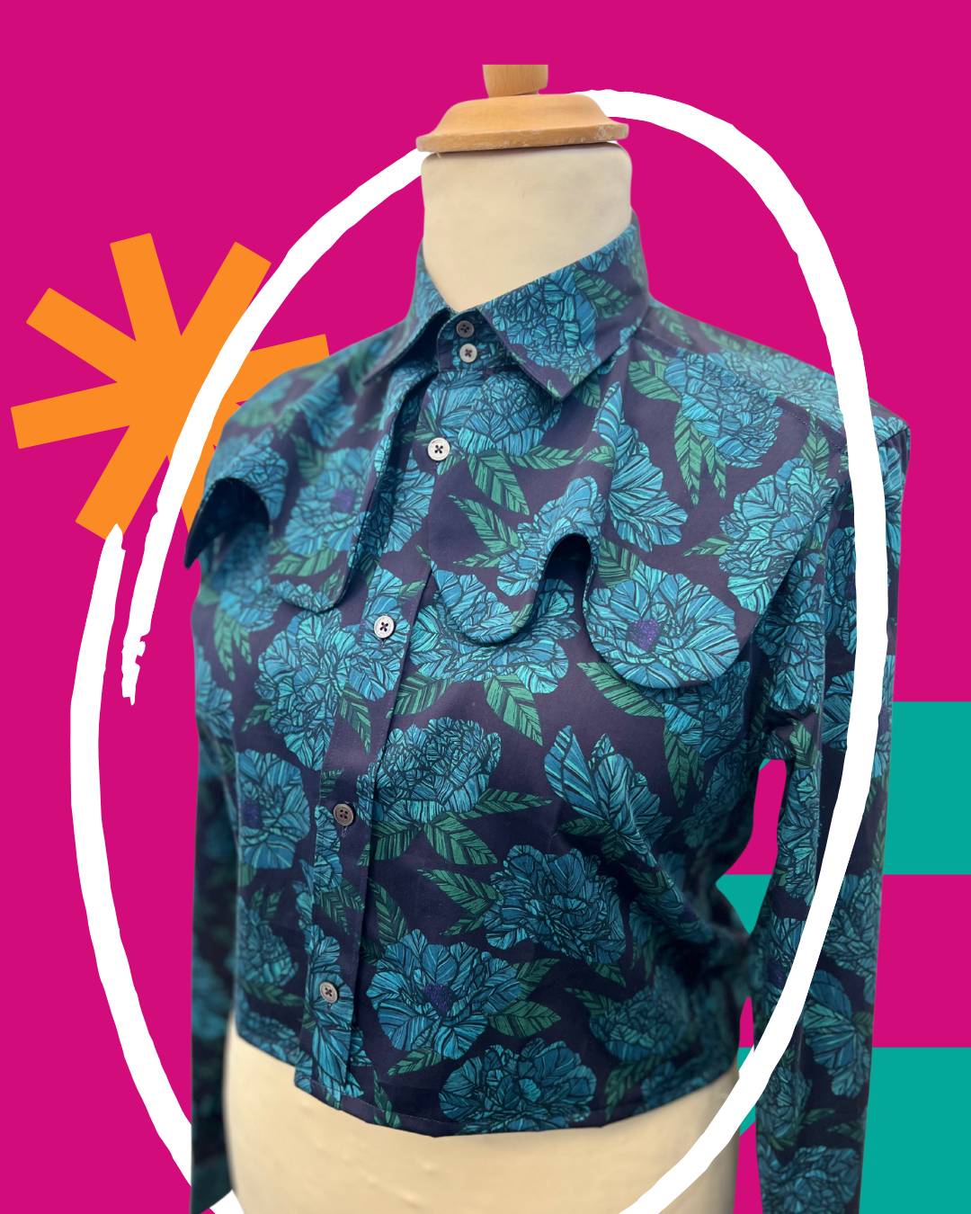 Navy Teal Rose Reworked Wave Collar Blouse - M