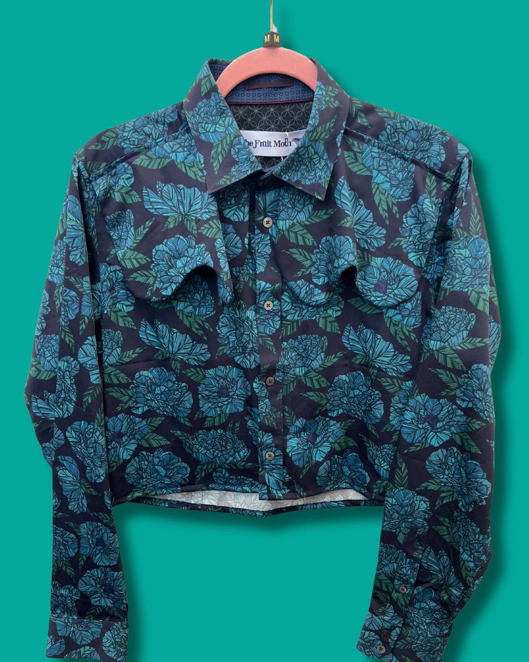 Navy Teal Rose Reworked Wave Collar Blouse - M