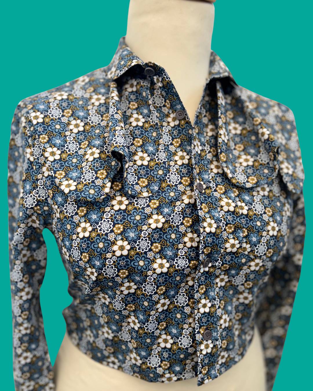 Retro Floral Wave Collar Reworked Cotton Blouse - S/M