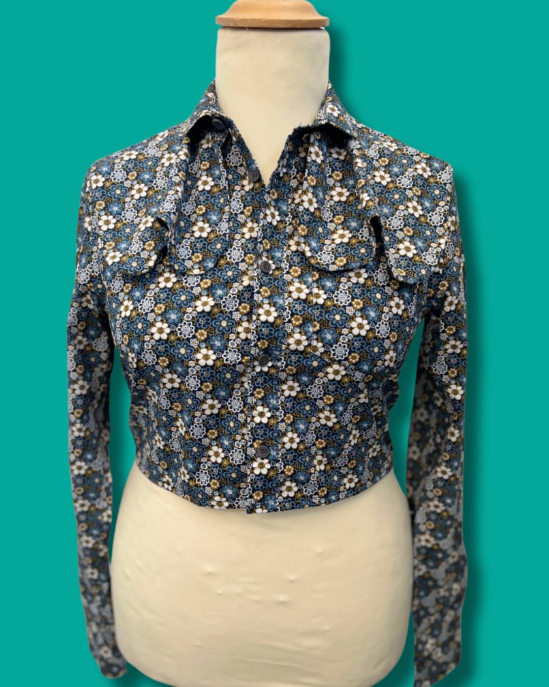 Retro Floral Wave Collar Reworked Cotton Blouse - S/M